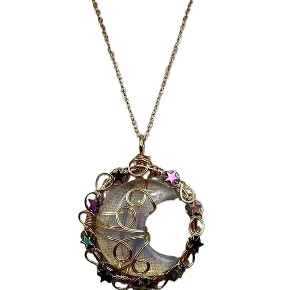 New Opal Copper Wire Wrapped Moon Pendant Gold Tone Necklace - Picture 2 of 13